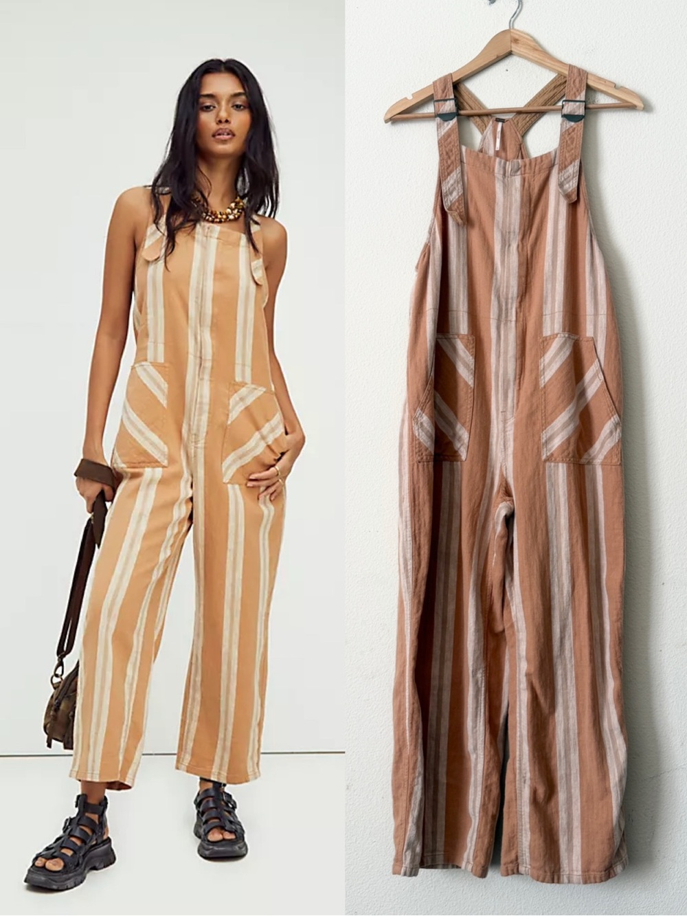 Free People SMALL Beach Dune linen blend striped Boyfriend overall jumpsuit